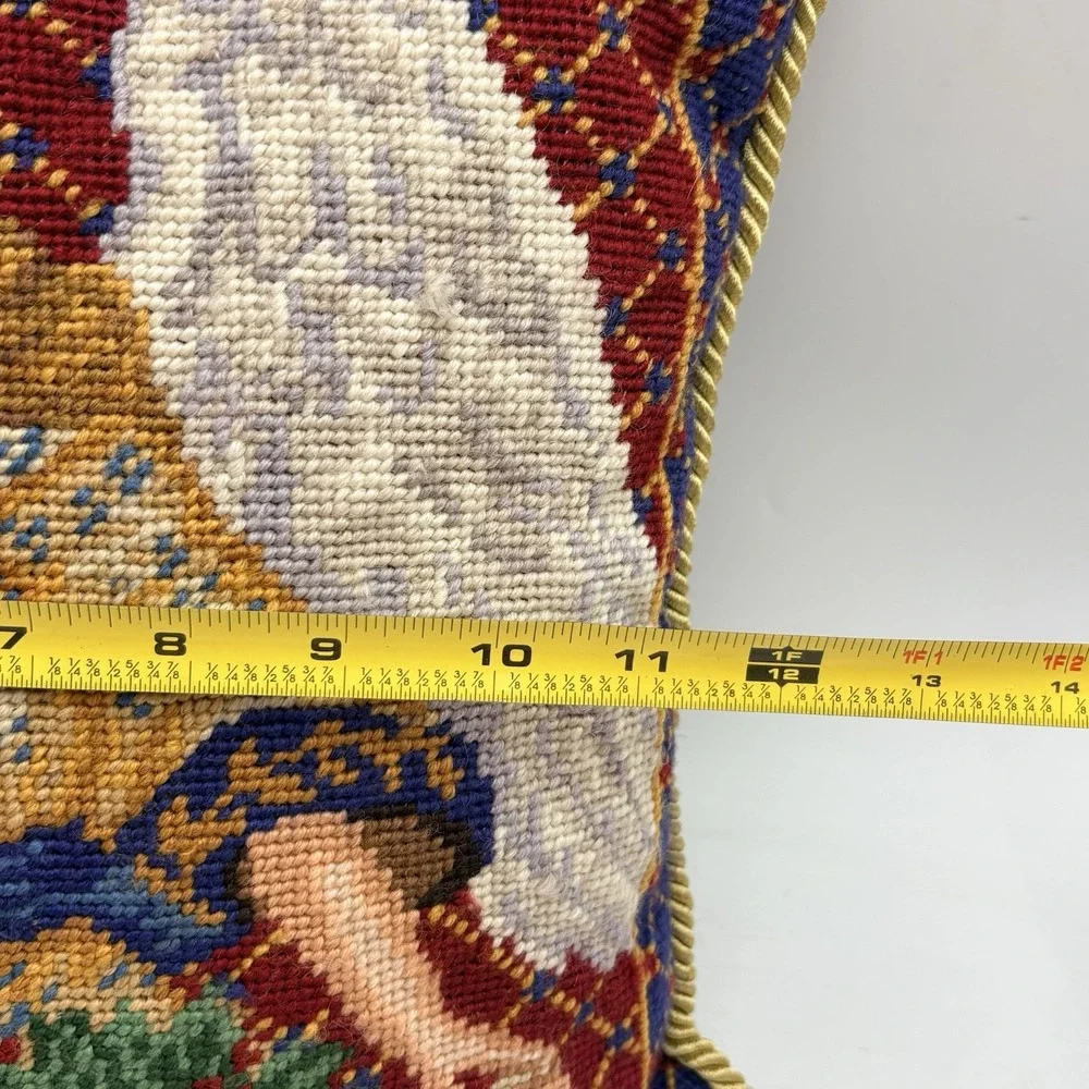 Vintage Handmade Angel Needlepoint Throw Pillow USA Tapestry w Velvet Back 12x12